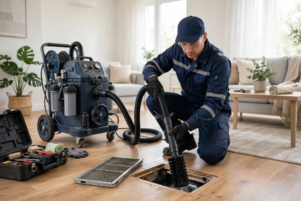 Professional technician performing air duct cleaning service with negative pressure vacuum equipment
