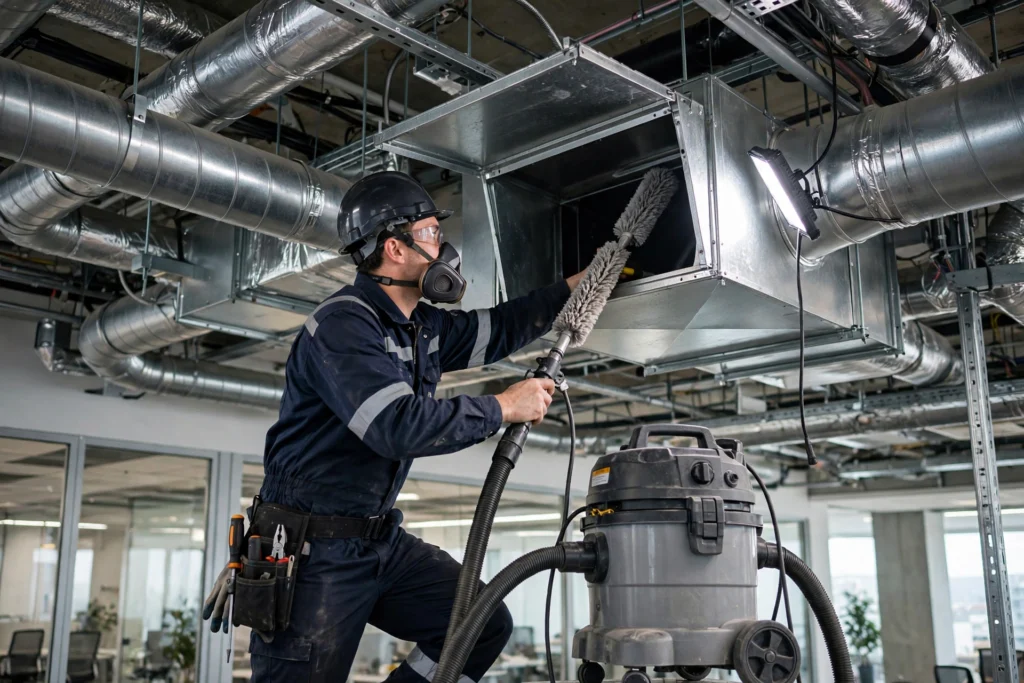 Commercial air duct cleaning in a large office building HVAC system