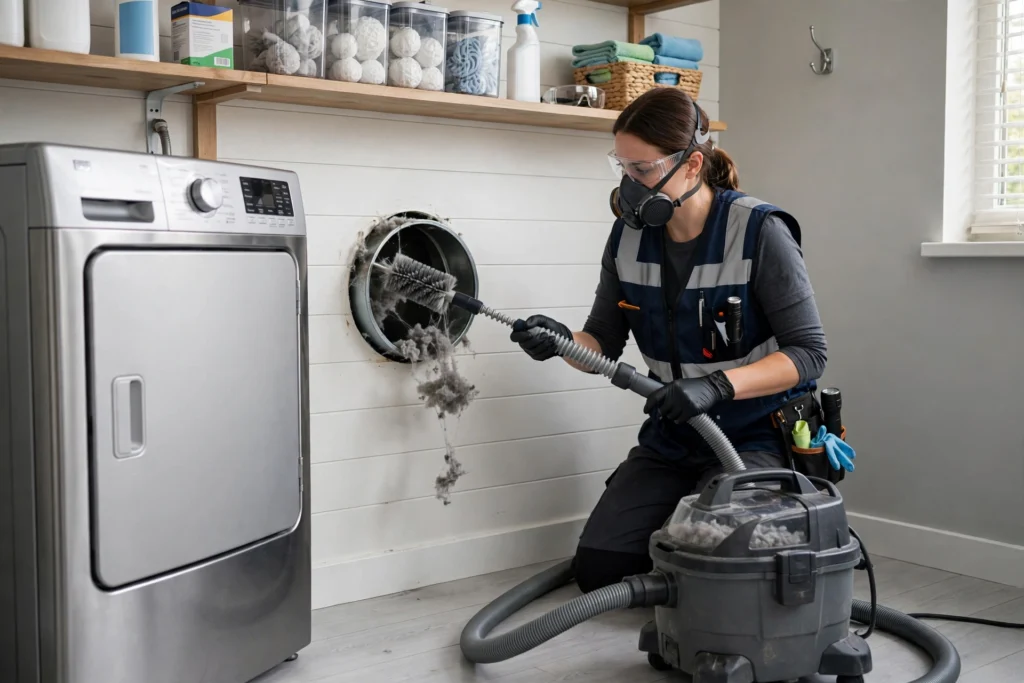 Professional dryer vent cleaning service removing lint from dryer duct