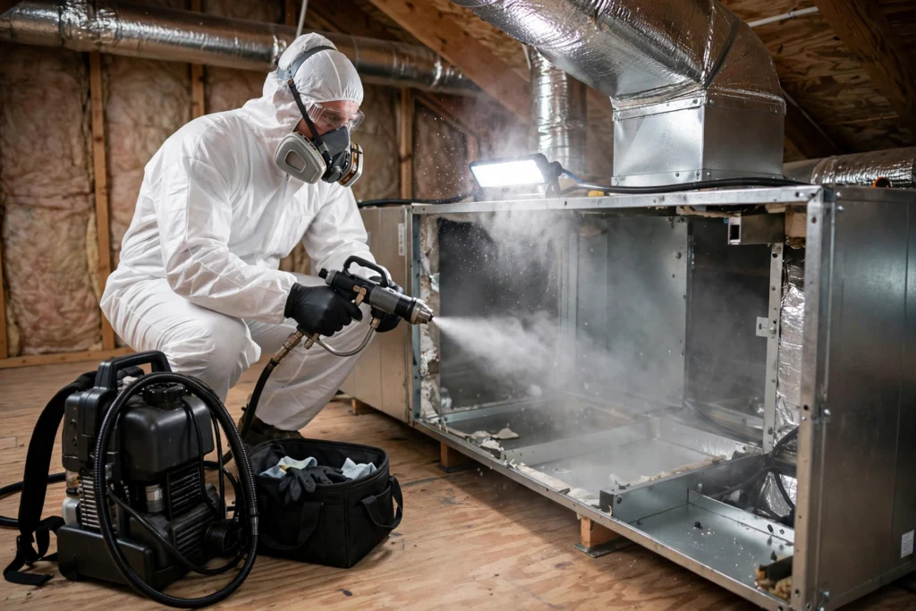 HVAC duct sanitization with antimicrobial fogging equipment