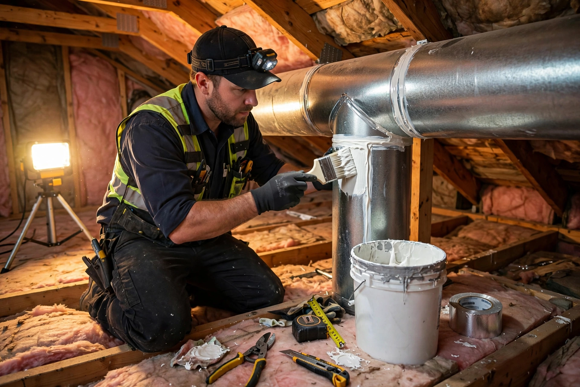 Technician performing ductwork sealing and repair with mastic sealant
